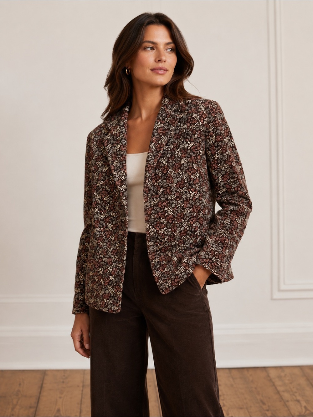 L.L.Bean Floral Corduroy Blazer Jacket Women’s 10P Brown Cottagecore Academia